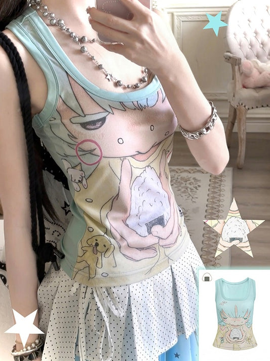 Anime Girl Print Mint Green Square Neckline Tank Top