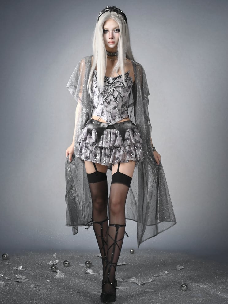 Y3K Fashion Futuristic Silver Gray Low Waist Bat Wing Detail Waistband Sequins Tiered Cyberpunk Skirt