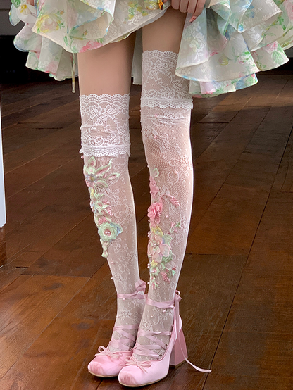 White Lace Trim Floral Embroidery Overknee Stockings