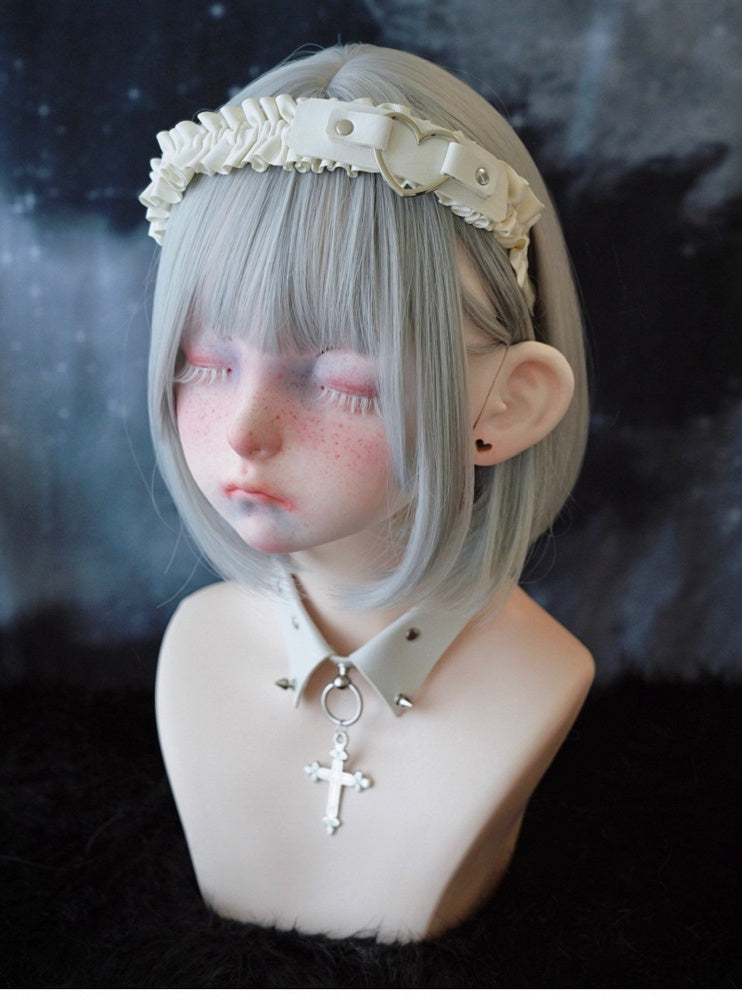 White Gothic Handmade Heart-shaped Ring PU Ruffled KC