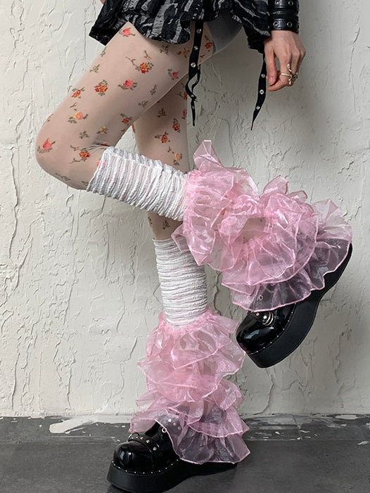 White&Pink Y2K Multi-layered Lace Trim Leg Sleeves