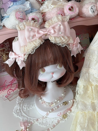 White/Beige/Blue Beaded Decorated Lace Trim Big Bow KC