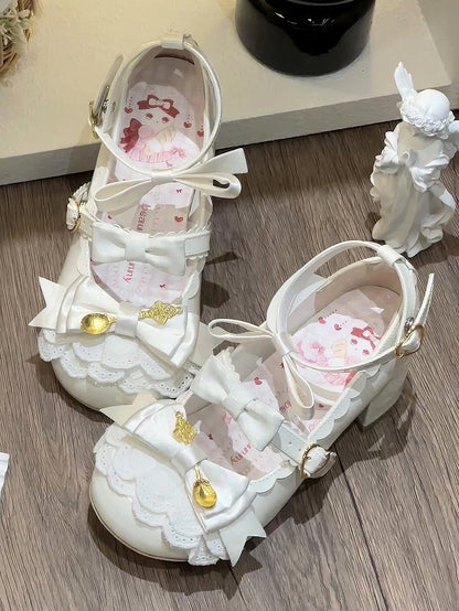 Clearance-Size 39 Sweet Lolita Beige Scoop Decorated Bowknot Details Round-Toe High Block Heels Mary Janes