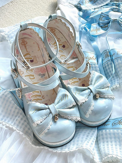 Blue Crisscross Design Heart Buckles Detachable Bow at Top High Block Heels