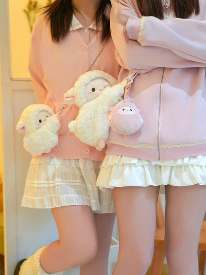 Cute Little Lamb White Plush Backpack/Crossbody Bag + Keychain