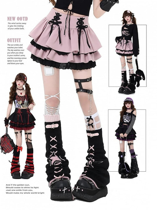 Lace-up Details at Waist Y2K Pink Tiered Skirt