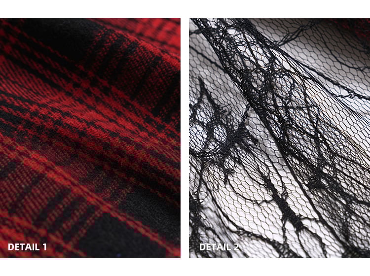 Red & Black Mesh Patchwork Asymmetrical Plaid Skirt with PU Buckle Belt