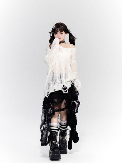 White V-neck Distressed Holes Hollow-out Coverup