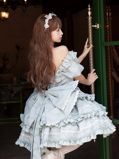 Green Corset Waist Dress Ruffle Skirt Princess Lolita OP with Big Bow at Back