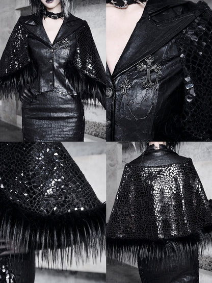 Black Sharp Angle Notched Collar Office Lady Fluffy Hemline Cape Design PU Leather Blazer
