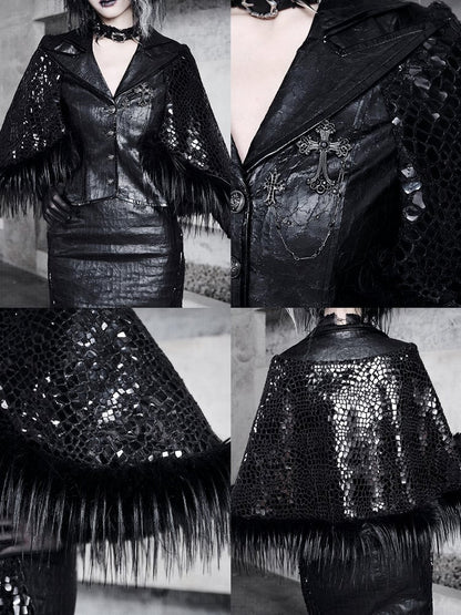 Black Sharp Angle Notched Collar Office Lady Fluffy Hemline Cape Design PU Leather Blazer