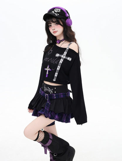 Asymmetrical Neckline Criss-cross Gray/Red Plaid Shoulder Strap Distressed Holes Coverup