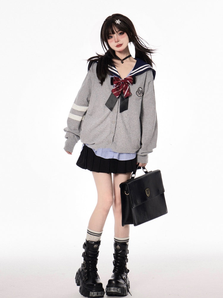 JK Uniform Preppy Style Black/Gray V-neck Knit Cardigan for Autumn