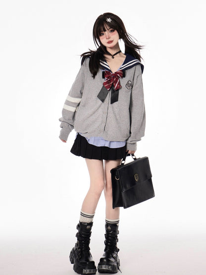 JK Uniform Preppy Style Black/Gray V-neck Knit Cardigan for Autumn