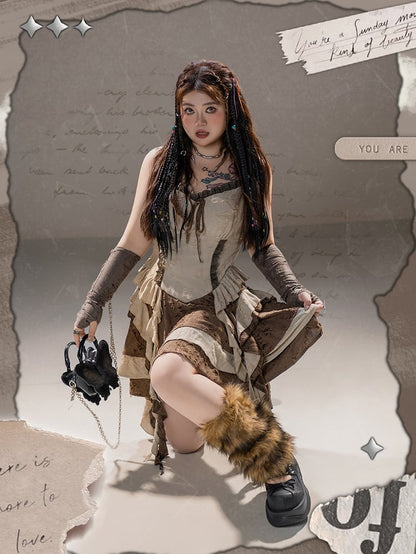 Plus Size Basque Waist Cascading Ruffles Distressed Holes Wasteland Punk Brown Cami Dress