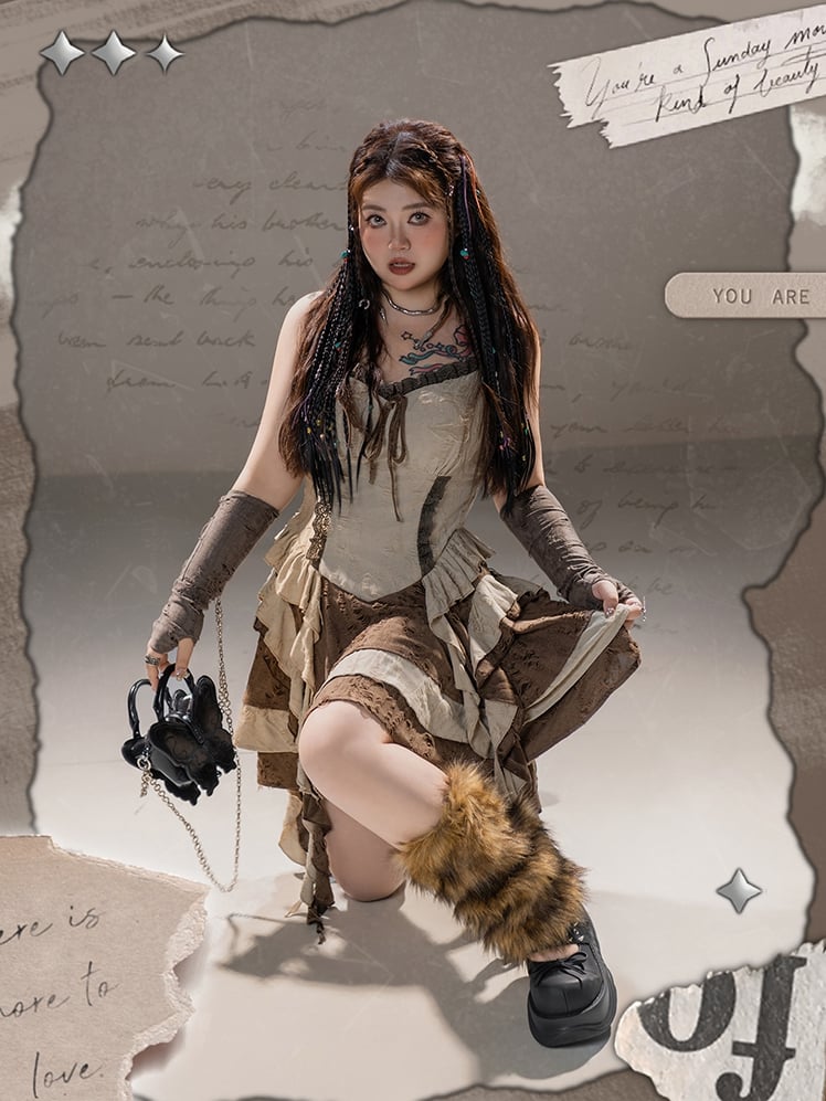 Plus Size Basque Waist Cascading Ruffles Distressed Holes Wasteland Punk Brown Cami Dress