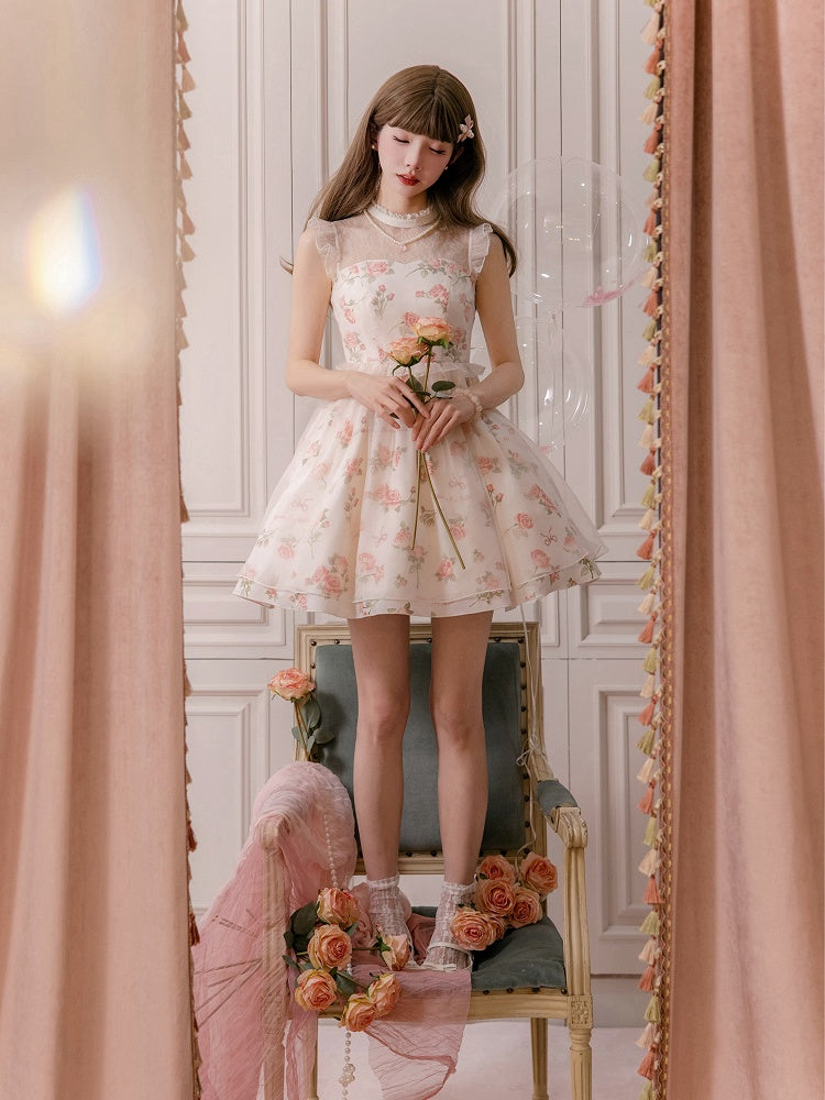 Pink Rosette Print White Illusion Neckline Summer Lolita Dress