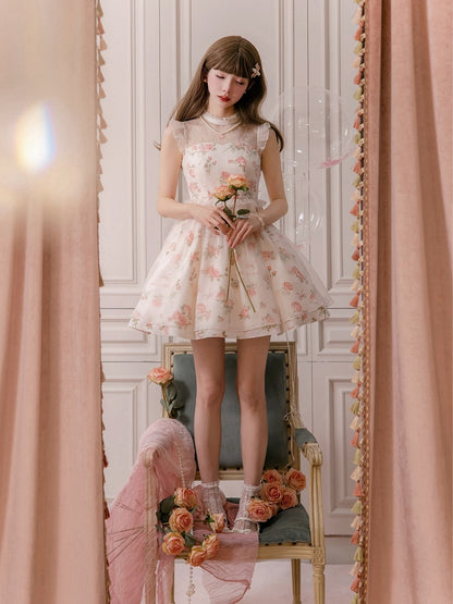 Pink Rosette Print White Illusion Neckline Summer Lolita Dress