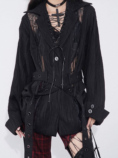 Lace-up Detail Black Punk Shirt with Waist Belt