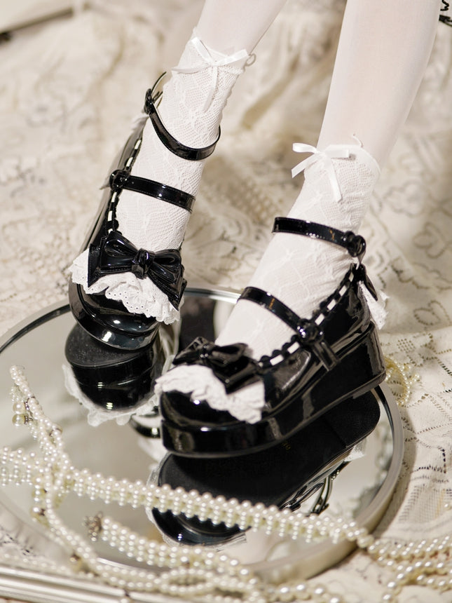Black Bow at Top Lace Trim Heart Buckles Platforms