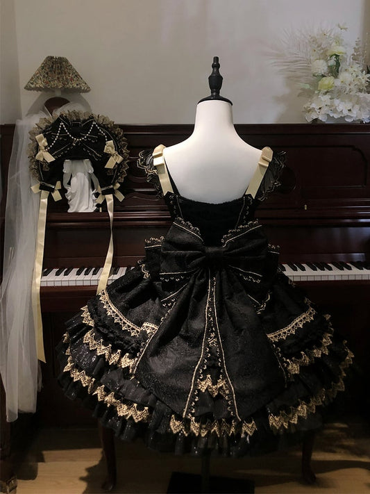Black Bead Chain Bows Decorated Tiered Skirt Princess Lolita Dress