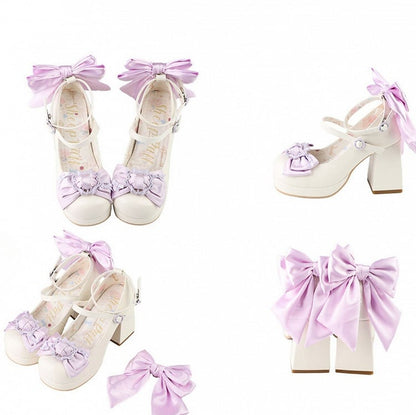 Polished White&Purple Bow at Top Platform High Block Heels