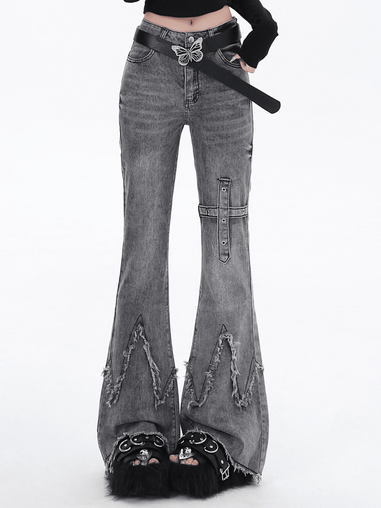 Gray Slim Fit Flared Jeans Raw Edge
