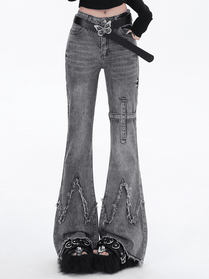 Gray Slim Fit Flared Jeans Raw Edge