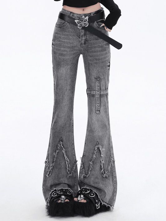 Gray Slim Fit Flared Jeans Raw Edge