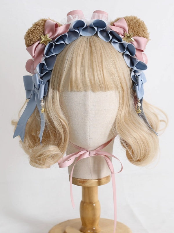 Cute Lolita Pink & Blue Bowknot Bear Ear Hairband with Star Decorations