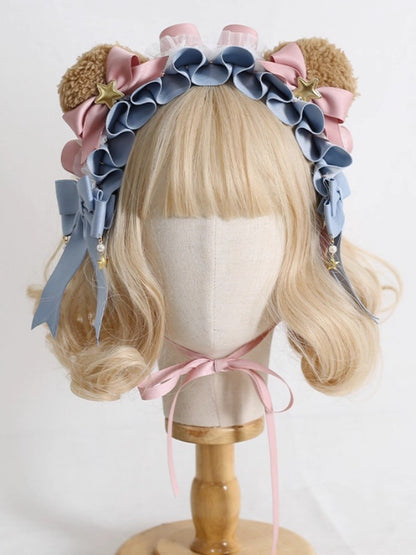 Cute Lolita Pink & Blue Bowknot Bear Ear Hairband with Star Decorations