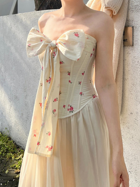 Romantic Cottagecore Floral Print Bustier Self-tie Big Bow Boned Corset Top