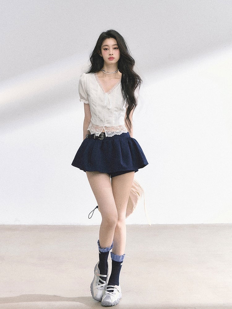 White Self-tie Straps Neckline Lace Hem Puff Sleeves Blouse