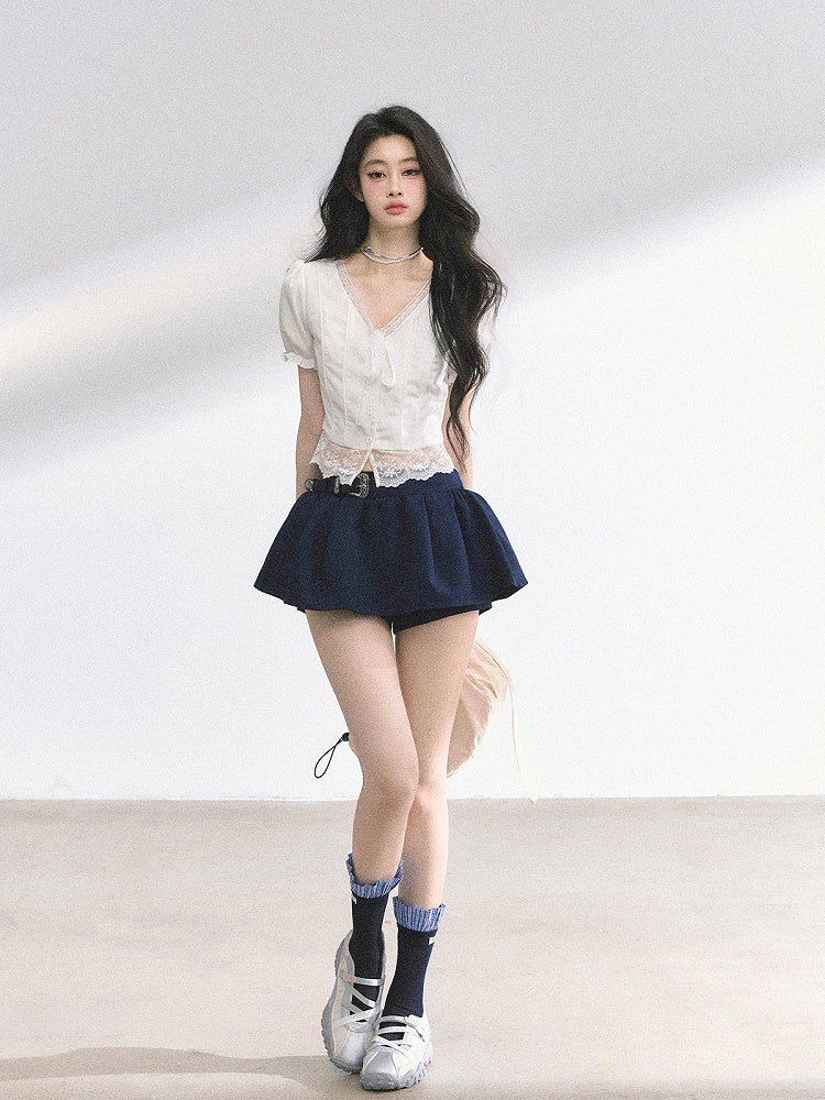 White Self-tie Straps Neckline Lace Hem Puff Sleeves Blouse