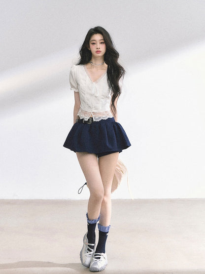 White Self-tie Straps Neckline Lace Hem Puff Sleeves Blouse