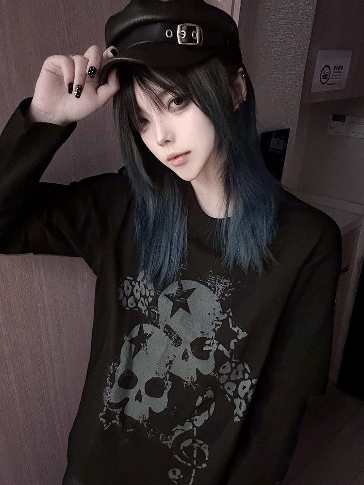 Black Faux Two-Pieces Top with White Skeleton and Cross Print