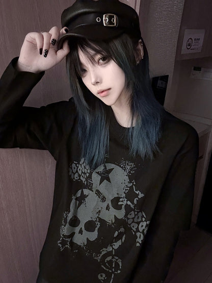 Black Faux Two-Pieces Top with White Skeleton and Cross Print