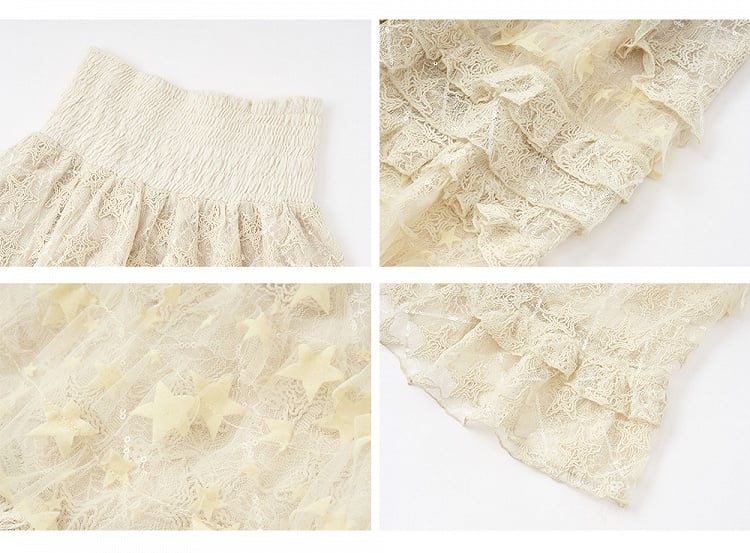 Apricot Vintage High Waist Romantic Stars Pattern Lace Skirt