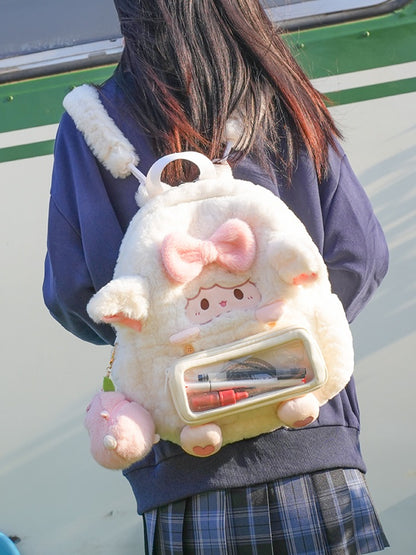 White Lamb-shaped Bowknot Heart Plush Backpack With A Detachable Pencil Case