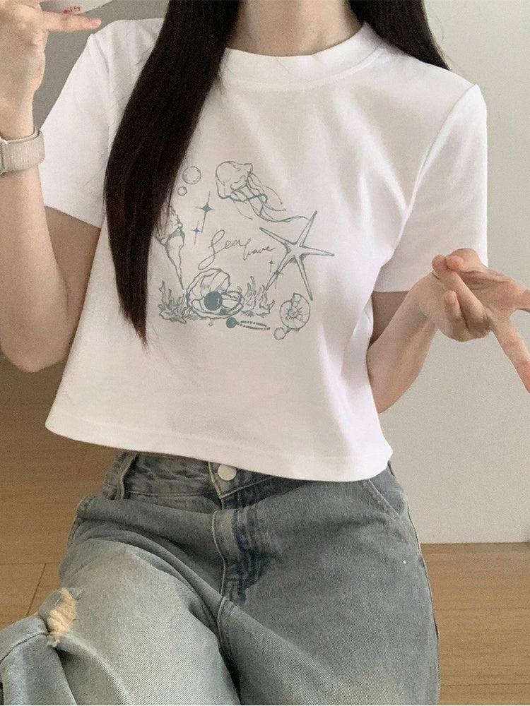 Seashell and Jellyfish Print White Round Neck T-shirt Regular/Short Version