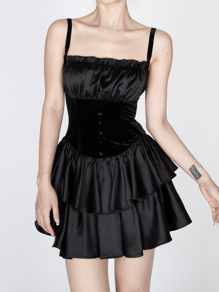 Gothic Black Tiered Skirt Vintage Cami Dress