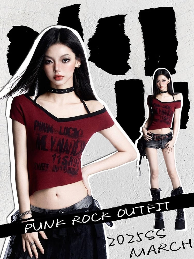 Y2K Red Halter Neck Asymmetrical Neckline and Hem Rock Punk Graphic Cropped T-shirt