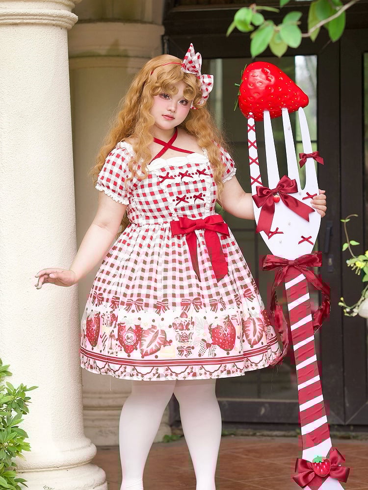 Plus Size Red Strawberry and Bow Print Lolita Gingham Dress