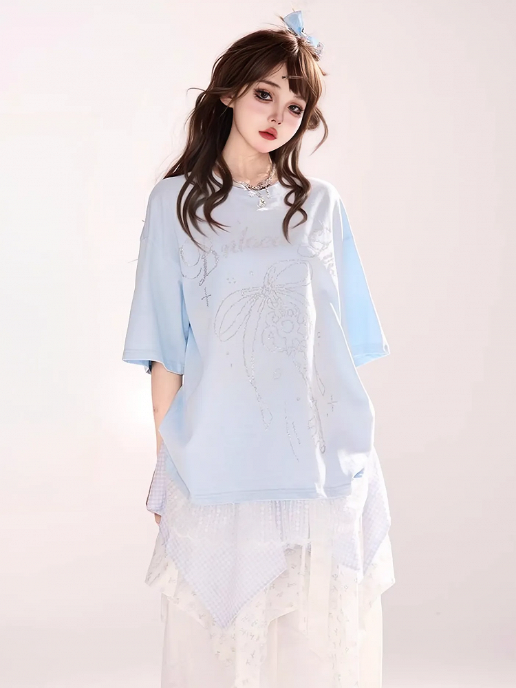 Bowknot and Key Rhinestones Lace Trim Blue Round Neck Loose T-shirt