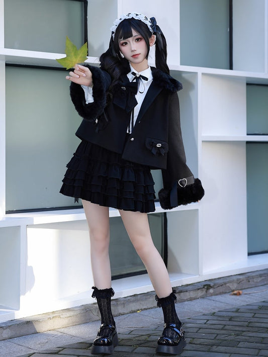 Jirai Kei Black Detachable Faux Fur Collar and Cuffs Landmine Style Coat