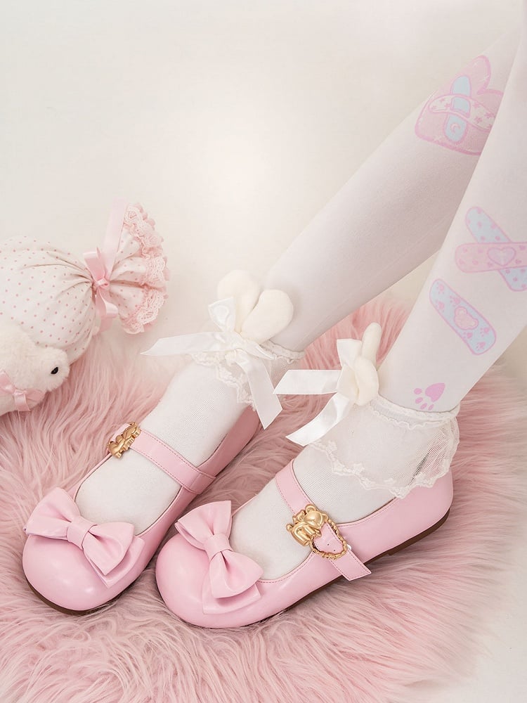 Pink Bow at Top Sweet Lolita Flats with Hugging Bear Heart Buckles