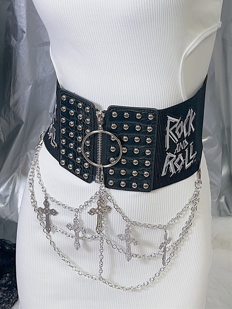 Black Punk Studs Details Cross Charm Waist Corset Belt