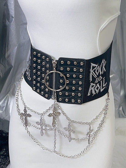 Black Punk Studs Details Cross Charm Waist Corset Belt
