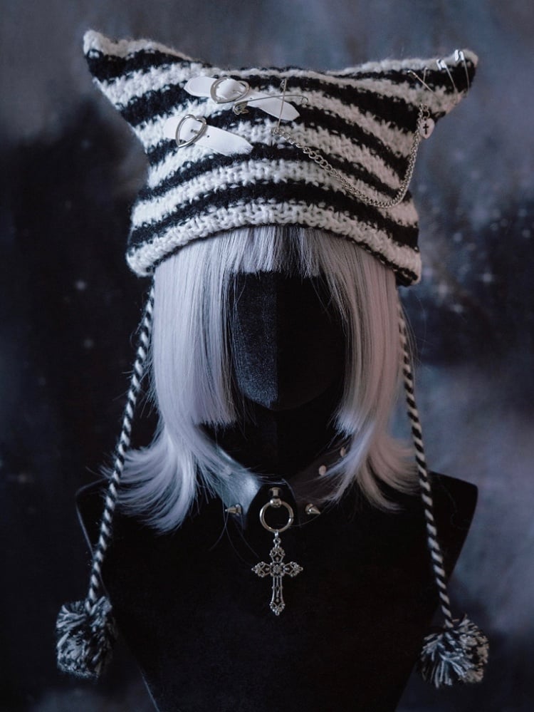 Heart Buckles Gothic Black and White Striped Knitted Hat with Chain