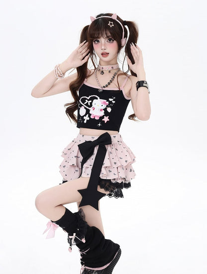 Black Big Bow Pink Allover Bowknot Print Lace Trim Lined Tiered Skirt